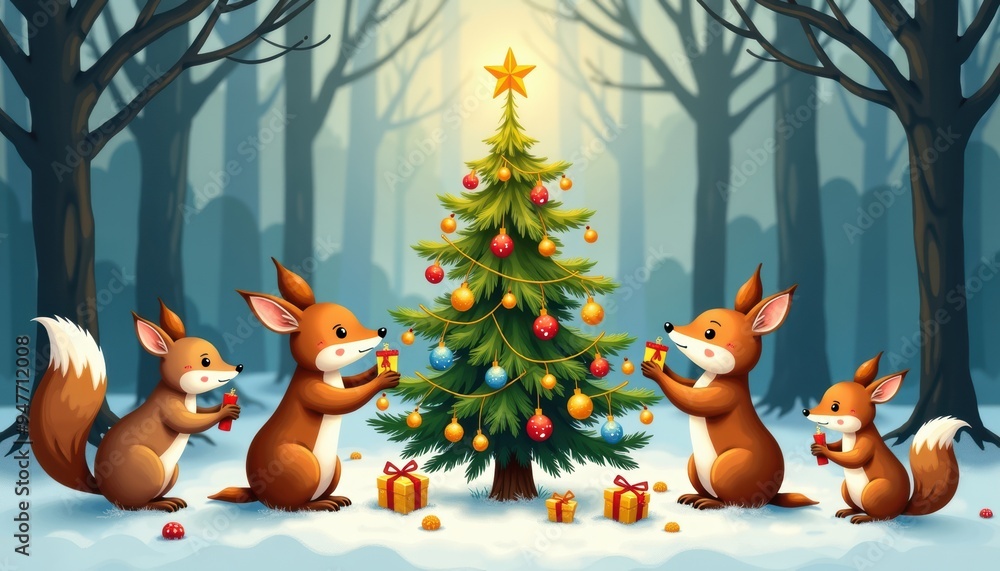 Fototapeta premium A charming winter scene with squirrels decorating a Christmas tree in a snowy forest, filled with festive joy and holiday spirit.