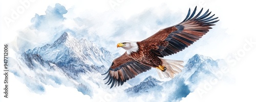 a majestic eagle soaring high above rugged mountains under clear skies.
