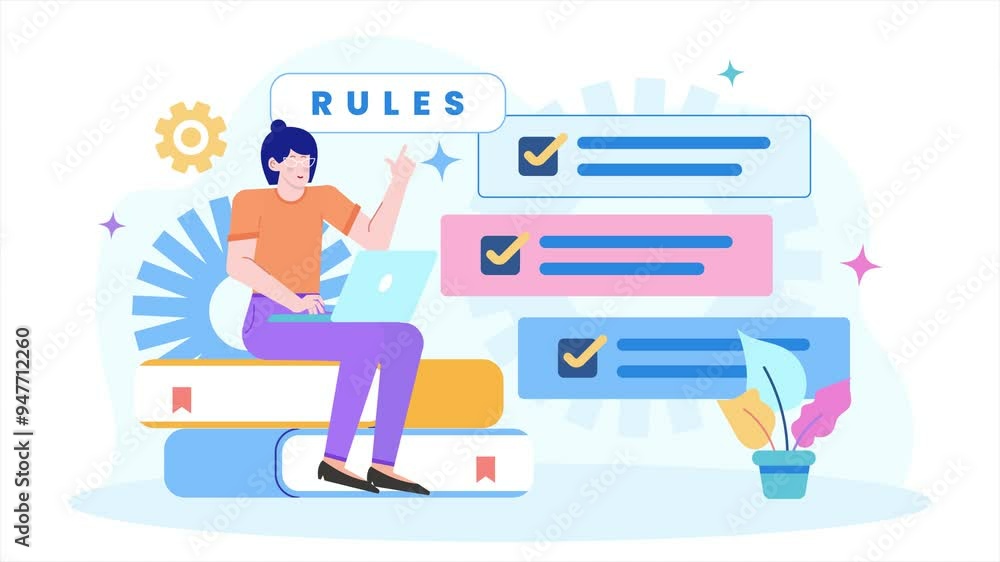 a person discussing rules while sitting on books illustration business animated video