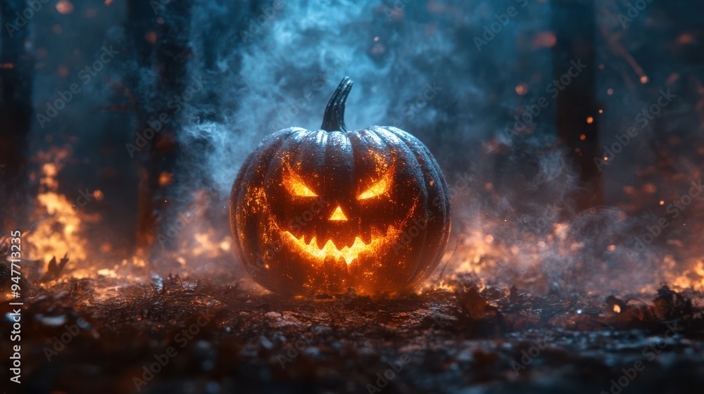 Fototapeta premium Halloween pumpkin in the background with a fuzzy Enchanted Forest