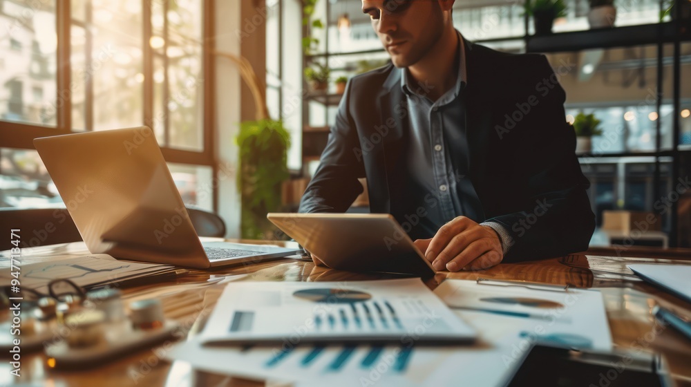 Businessman Working on Tablet in Office Businessman Working on Tablet in Office