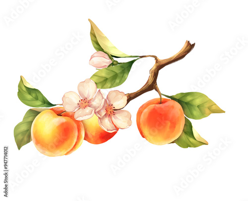 Peach branch. Hand drawn fruit illustration with flowers. Isolated on white.