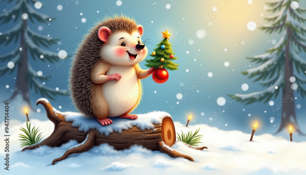 Obraz premium A cheerful hedgehog holding a tiny Christmas tree amidst a snowy landscape, evoking a festive winter spirit.