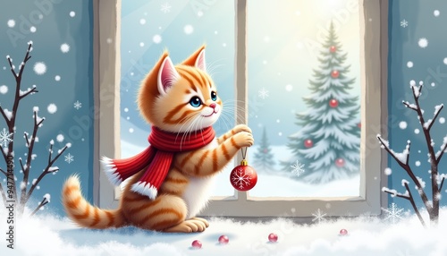 A cheerful kitten in a red scarf plays with a Christmas ornament by a snowy window, creating a festive winter atmosphere.