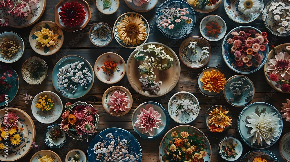 A wooden surface covered in flower filled containers and plates A wooden surface covered in flower filled containers and plates