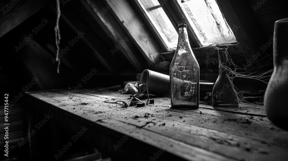 Attic B&W: dusty glass, wood, metal, moody Attic B&W: dusty glass, wood, metal, moody
