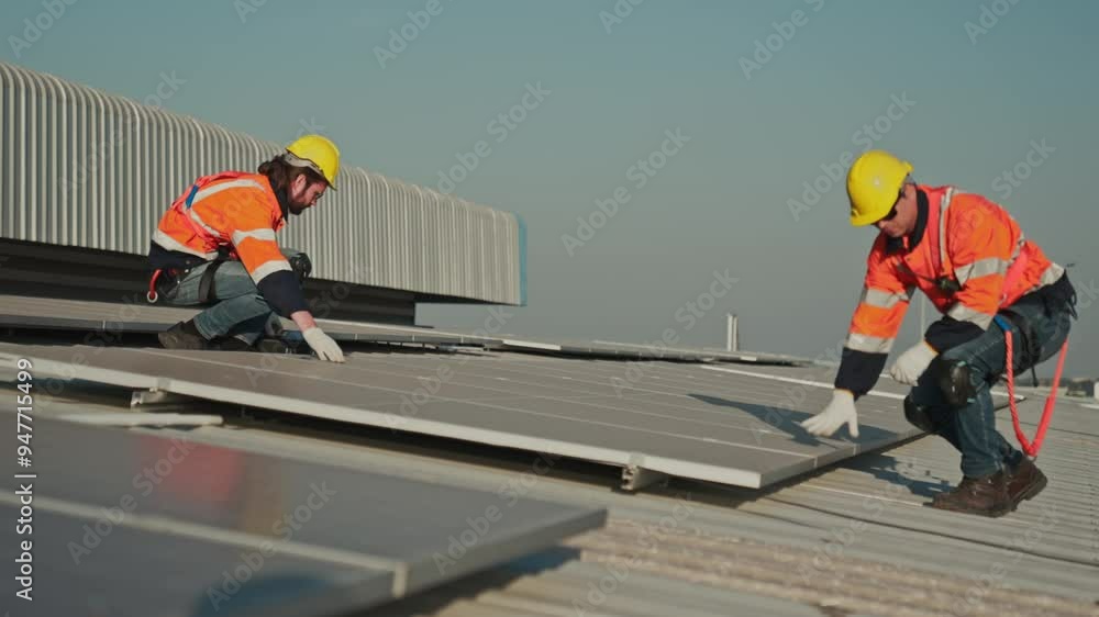 Men technicians carrying photovoltaic solar modules on the factory roof. Engineers in helmets installing solar panel systems outdoors. Concept of alternative and renewable energy solar cell. Men technicians carrying photovoltaic solar modules on the factory roof. Engineers in helmets installing solar panel systems outdoors. Concept of alternative and renewable energy solar cell.