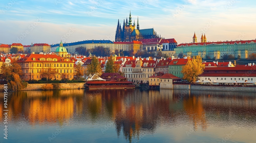 Obraz premium View of Gothic Castle in Prague Overlooking the Vltava
