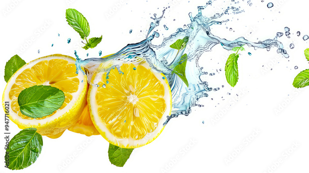 Lemon slices in splash of water and mint isolated on white background Lemon slices in splash of water and mint isolated on white background
