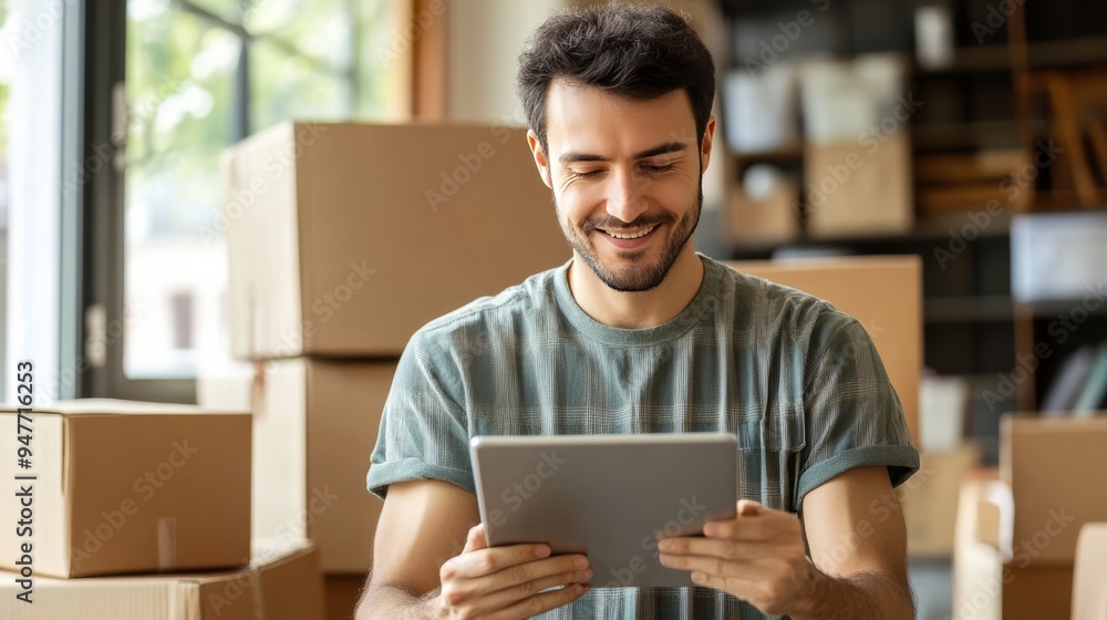 Real estate, people, and technology - young man moving to a new home with boxes and a tablet. Real estate, people, and technology - young man moving to a new home with boxes and a tablet.