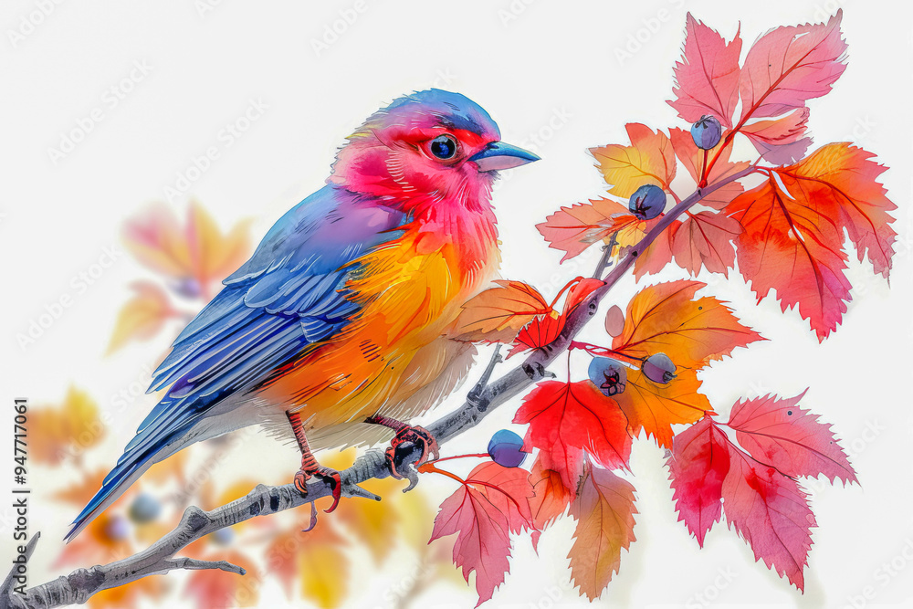 Obraz premium Colorful exotic bird sitting on branch with red leaves