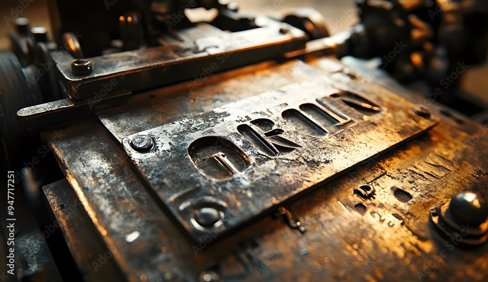 A close-up shot of an antique printing press with metal tools and gears, printing classic typography on paper. 