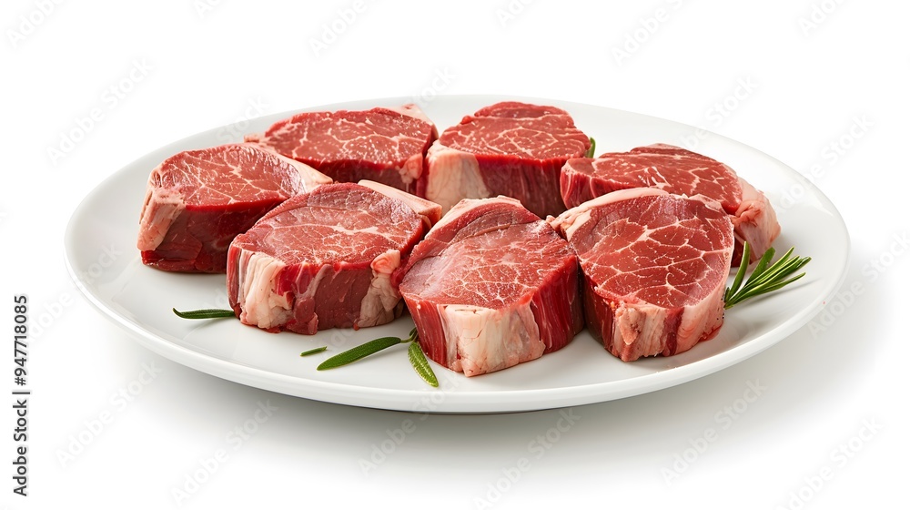 A neatly sliced portion of prime rib on a simple plate, showcasing the marbling and texture of the meat. Minimalist Art Media realistic A neatly sliced portion of prime rib on a simple plate, showcasing the marbling and texture of the meat. Minimalist Art Media realistic