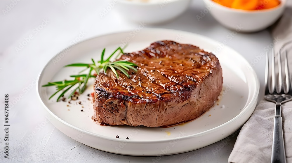 A single grilled steak placed on a clean, white plate with minimal garnish. Minimalist Art Media realistic A single grilled steak placed on a clean, white plate with minimal garnish. Minimalist Art Media realistic