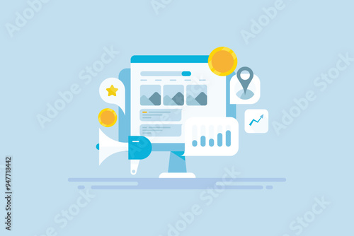 Search engine marketing and digital advertising campaign, paid media brand promotion e-business analytics conceptual vector illustration.