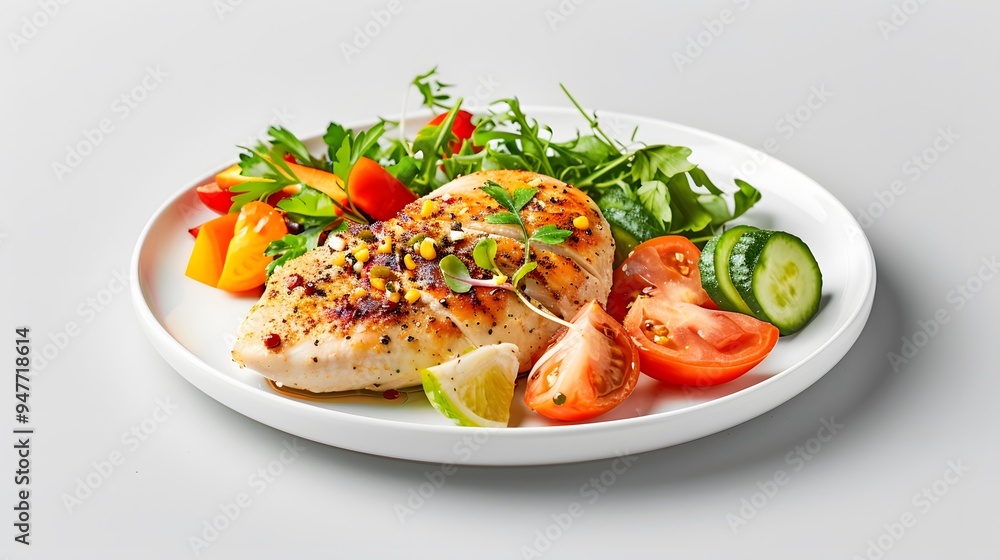 A single chicken breast, lightly seasoned, served on a plain white plate against a neutral background. Minimalist Art Media realistic A single chicken breast, lightly seasoned, served on a plain white plate against a neutral background. Minimalist Art Media realistic