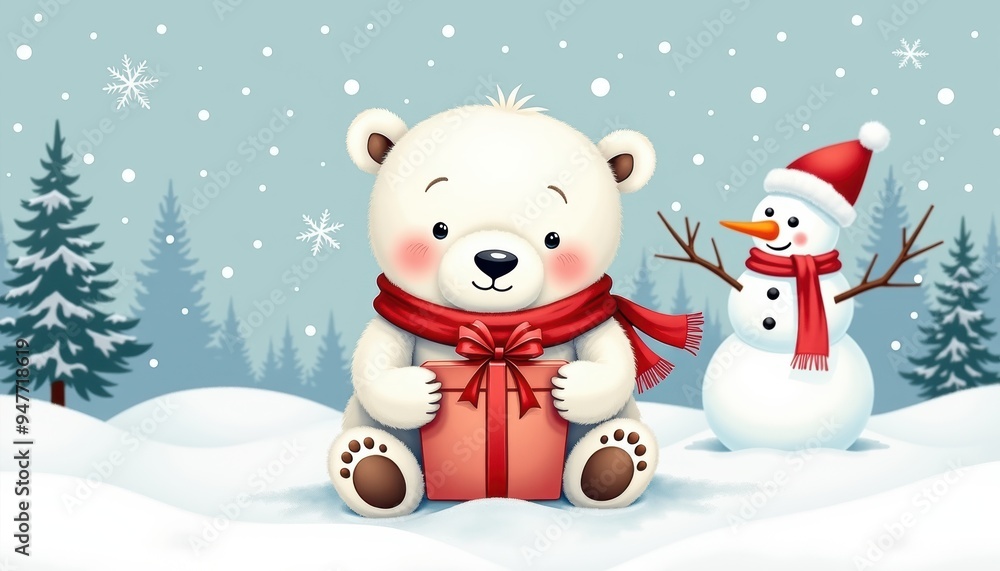 A cute polar bear sits with a gift in the snow, surrounded by a cheerful snowman and winter forest, perfect for holiday designs. A cute polar bear sits with a gift in the snow, surrounded by a cheerful snowman and winter forest, perfect for holiday designs.