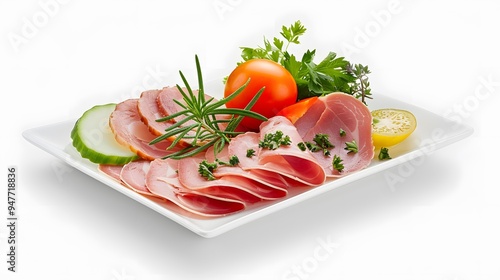 Thinly sliced ham displayed on a plain, square plate, emphasizing the meat's natural color and texture. Minimalist Art Media realistic