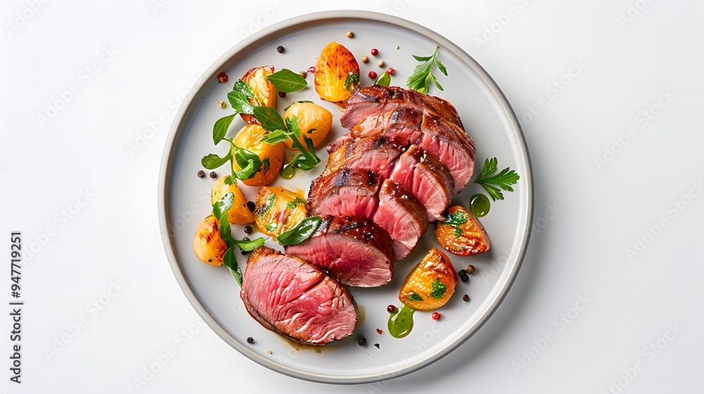 A portion of duck breast sliced into thin pieces and arranged neatly on a round, minimalist plate. Minimalist Art Media realistic A portion of duck breast sliced into thin pieces and arranged neatly on a round, minimalist plate. Minimalist Art Media realistic