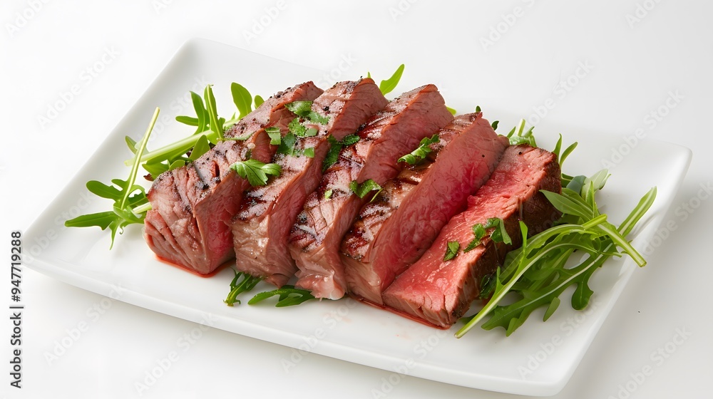 A serving of corned beef on a plain white plate, with no garnish or sides. Minimalist Art Media realistic A serving of corned beef on a plain white plate, with no garnish or sides. Minimalist Art Media realistic