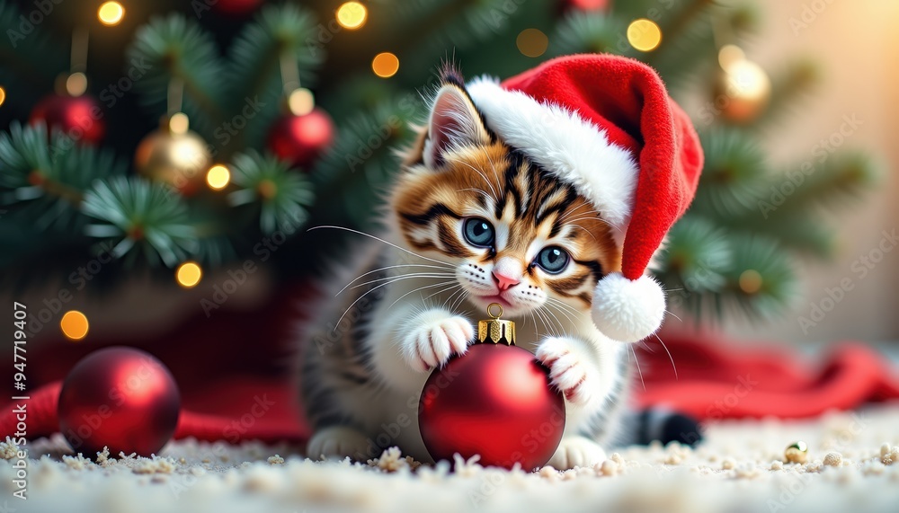 A playful kitten wearing a Santa hat, exploring colorful ornaments under a festive Christmas tree. A playful kitten wearing a Santa hat, exploring colorful ornaments under a festive Christmas tree.