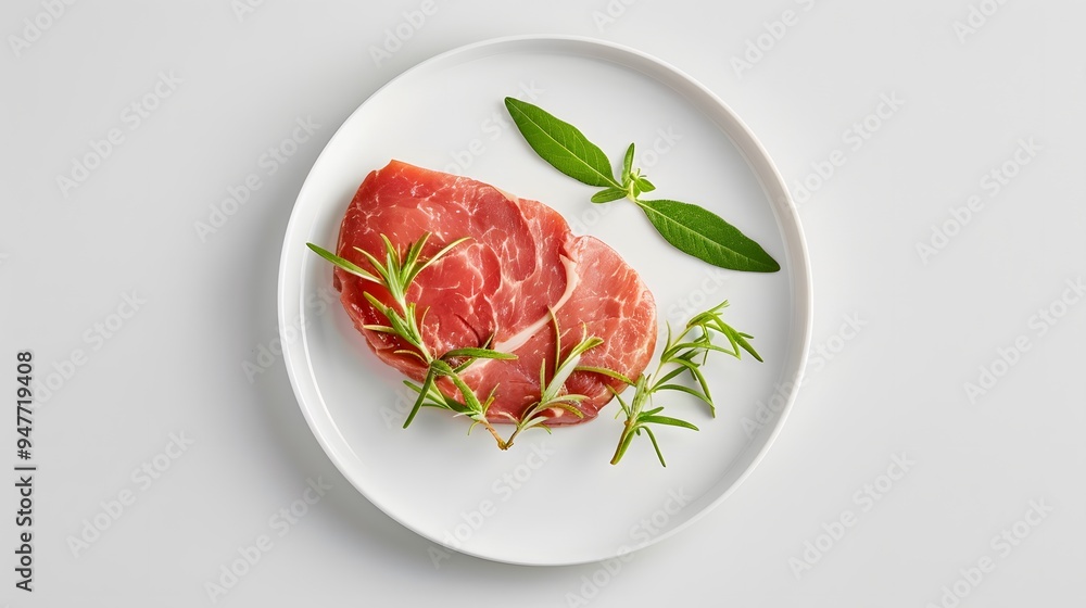A minimalist plate featuring a single slice of roast pork, slightly overlapping the edge. Minimalist Art Media realistic A minimalist plate featuring a single slice of roast pork, slightly overlapping the edge. Minimalist Art Media realistic