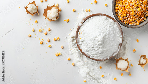 Bowl with corn starch and kernels on white background