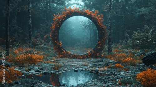 A magical portal in a dark forest, perfect for Halloween-themed designs, creating an enchanting and mysterious atmosphere with copy space.