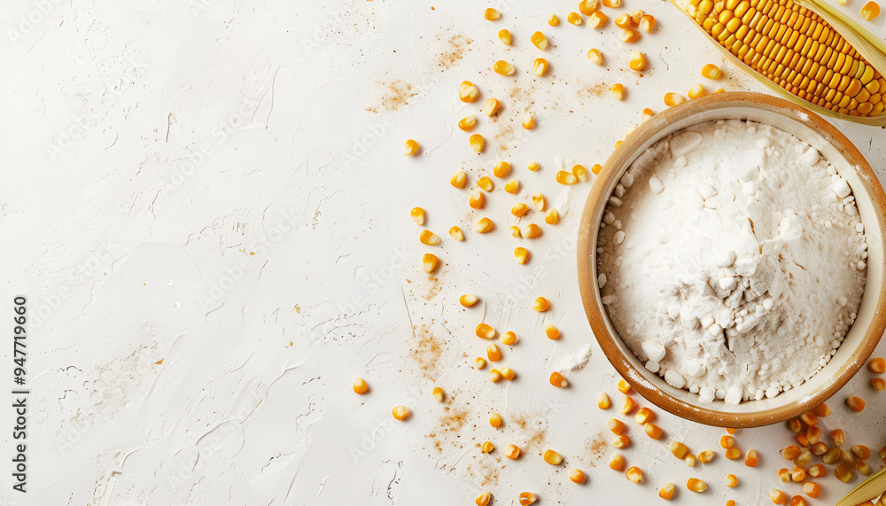 Bowl with corn starch and kernels on white background Bowl with corn starch and kernels on white background