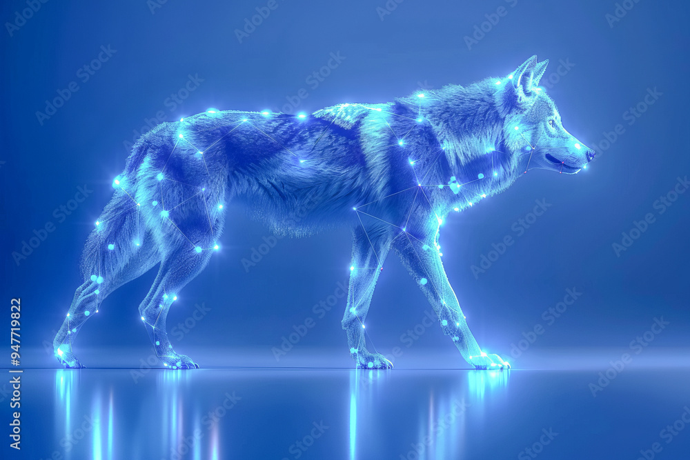 Fototapeta premium Blue geometric wolf walking in abstract space representation