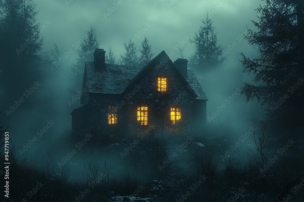 A dark haunted house with illuminated windows in a misty atmosphere, perfect for Halloween-themed designs, invitations, or decor with copy space. A dark haunted house with illuminated windows in a misty atmosphere, perfect for Halloween-themed designs, invitations, or decor with copy space.