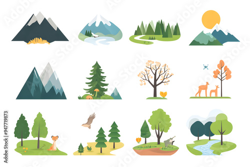Beautiful vector illustration of four seasons with trees in a landscape