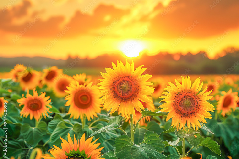 Obraz premium Bright sun shining on blooming sunflower field at sunset