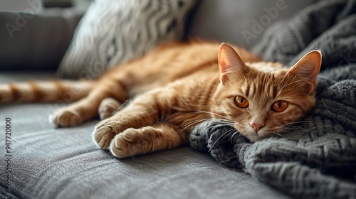 Adorable orange eyed red fold cat curled up on a grey sofa in the house