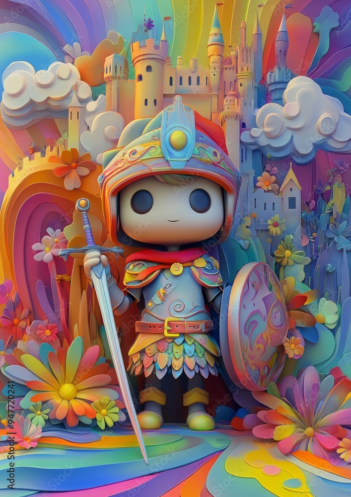 Whimsical 3D Claymation Knight Boy in Anime Style Cartoon Animation Surrounded by Colorful Waves and Flowers Whimsical 3D Claymation Knight Boy in Anime Style Cartoon Animation Surrounded by Colorful Waves and Flowers