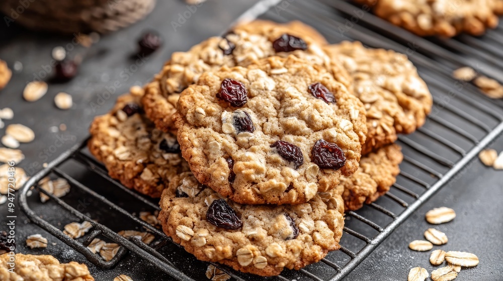 Oatmeal cookie rack, oats, raisins, top view Oatmeal cookie rack, oats, raisins, top view