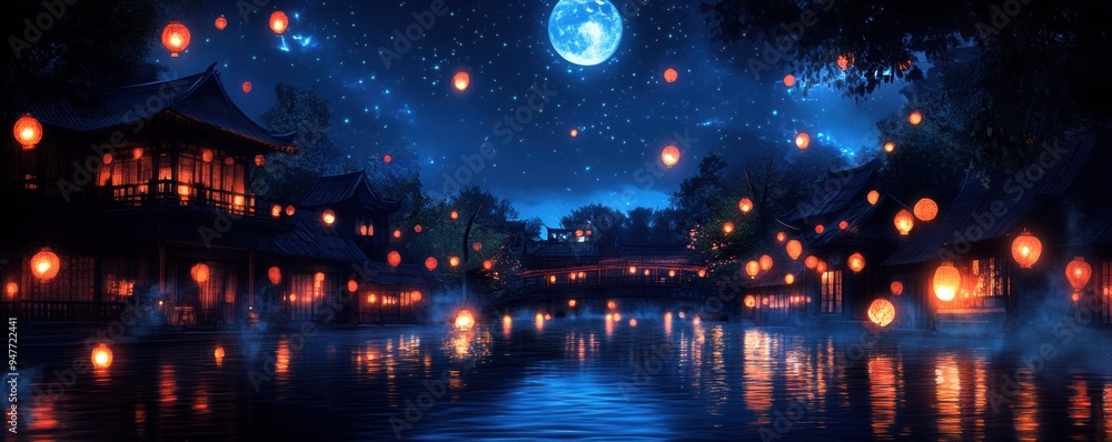 a tranquil street illuminated by glowing lanterns under a moonlit night. a tranquil street illuminated by glowing lanterns under a moonlit night.