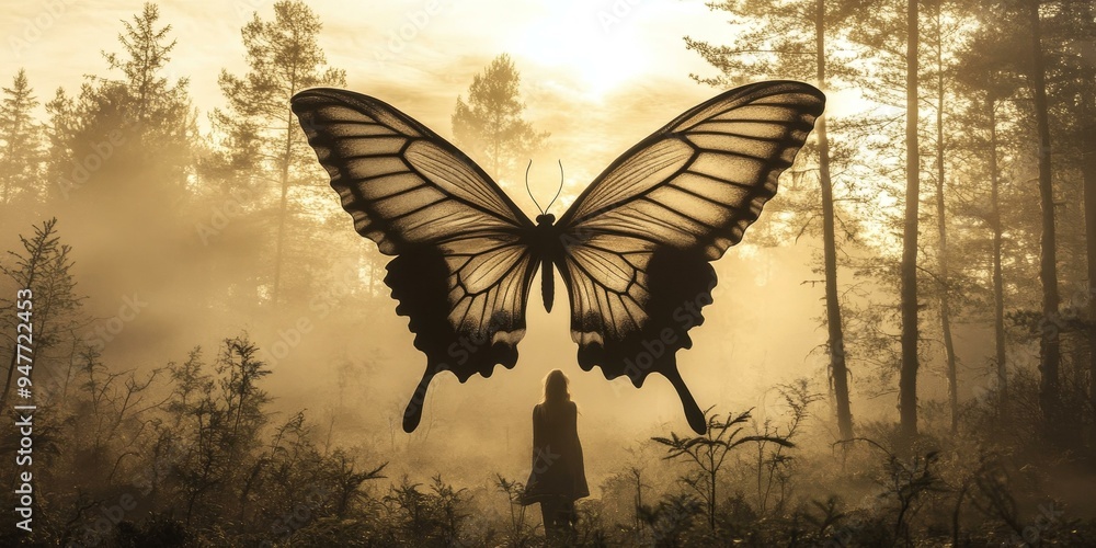 Obraz premium Silhouette of a woman beneath a giant butterfly.