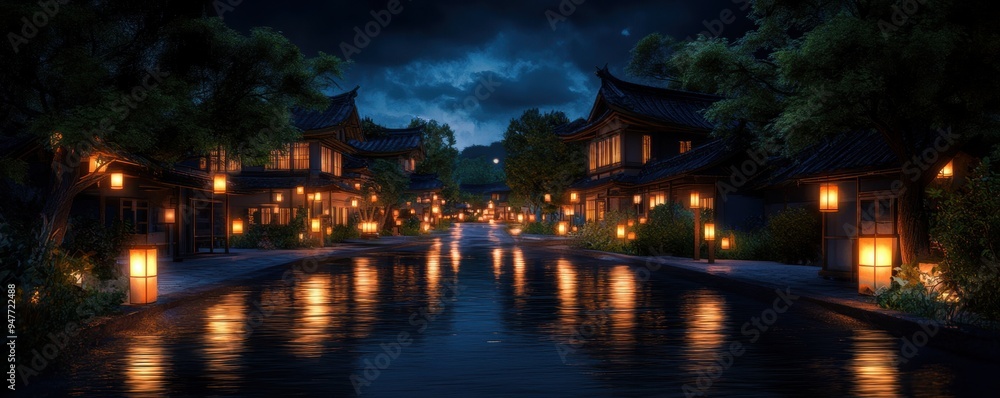 Fototapeta premium a tranquil street illuminated by glowing lanterns under a moonlit night.