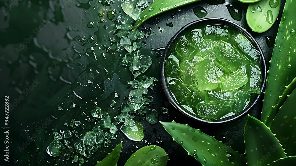 Aloe vera leaf and sea salt in green masques for skincare with vibrant green flora