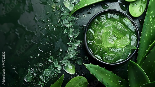 Obraz na płótnie Aloe vera leaf and sea salt in green masques for skincare with vibrant green flora w salonie