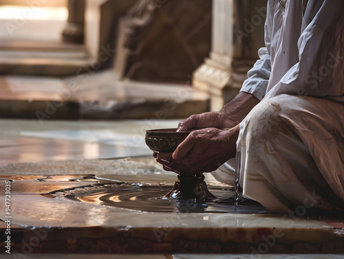 Man wearing white traditional clothing washes hands and feet before prayer in a mosque. photo