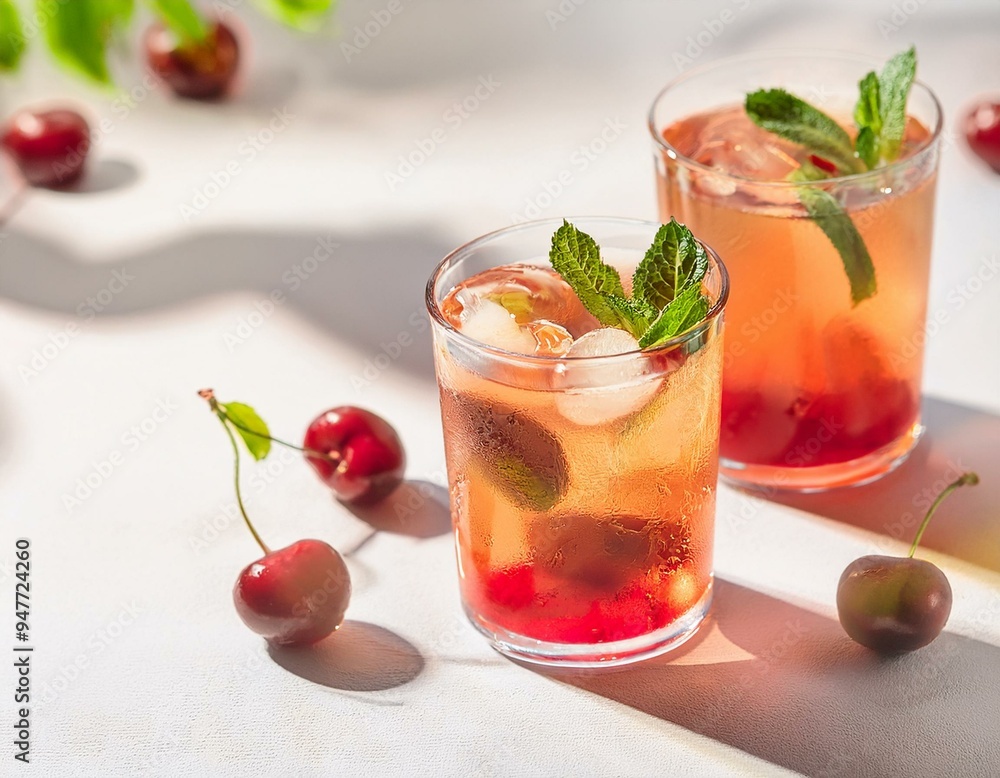 Summer cold Cherry fizz cocktail or iced tea with mint. Two glasses with Cherry on white background Summer cold Cherry fizz cocktail or iced tea with mint. Two glasses with Cherry on white background