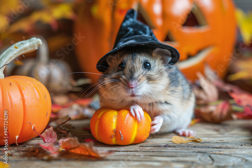 Hamster in Halloween Costume as a Witch with Pumpkin, Adorable Pet Ready for Trick or Treat and Festive Fun photo