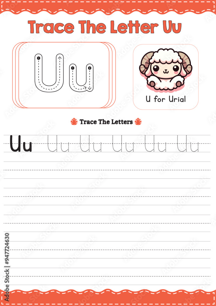 English Alphabet Tracing Worksheet with Animal Illustrations - Letter Uu English Alphabet Tracing Worksheet with Animal Illustrations - Letter Uu