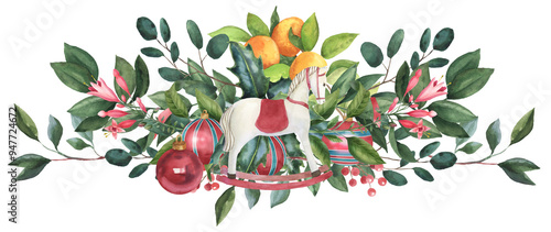 Watercolor Christmas border with fir, holly, poinsettia, Xmas png. traditional cozy art, hand painted