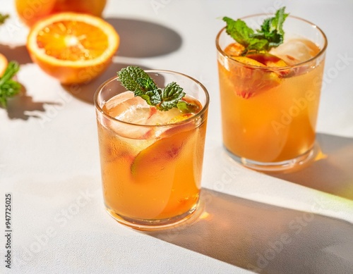 Summer cold orange fizz cocktail or iced tea with mint. Two glasses with orange lemonade on white background. ai generated