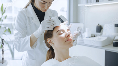 a dermatologist using a skin analysis device on a client's face in a sleek, modern clinic setting photo