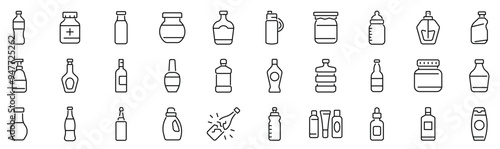 Set of 30 outline icons related to bottles. Linear icon collection. Editable stroke. Vector illustration