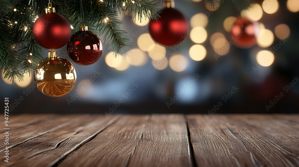 Wooden table with Christmas decorations in the background. Generative AI illustration Wooden table with Christmas decorations in the background. Generative AI illustration